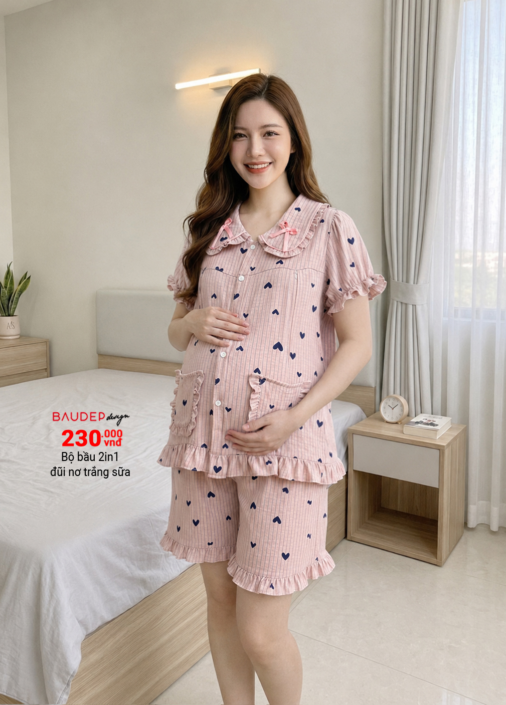 Bộ đũi bầu 2in1 tim hồng cổ sen
