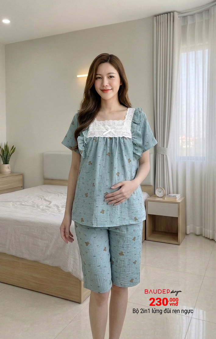 Bộ đũi bầu 2in1 xanh ren ngực