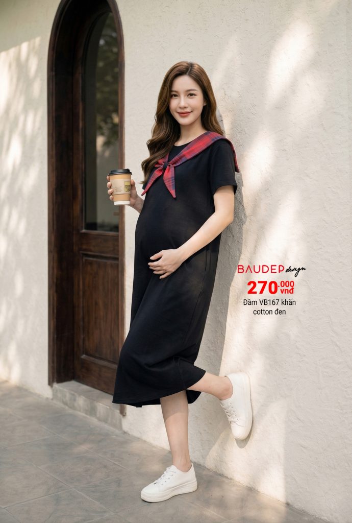 Đầm bầu VB167 cotton đen phối khăn trẻ trung, năng động và tự tin mỗi ngày, shop bầu đẹp, shop bầu triều khúc,