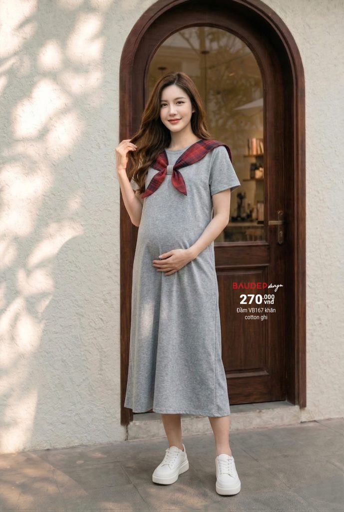 Đầm bầu VB167 cotton phối khăn trẻ trung, năng động và tự tin mỗi ngày, shop bầu đẹp, shop bầu triều khúc,