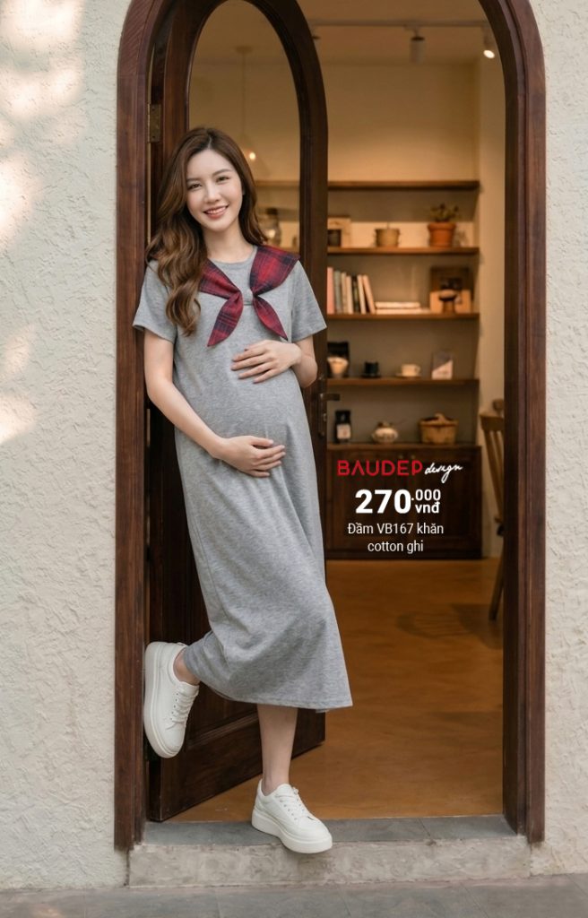 Đầm bầu VB167 cotton phối khăn trẻ trung, năng động và tự tin mỗi ngày, shop bầu đẹp, shop bầu triều khúc,