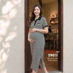 Đầm bầu VB162 cotton Polo kẻ ngang, đầm bầu cotton suông trẻ trung, hàng Quảng Châu loại 1
