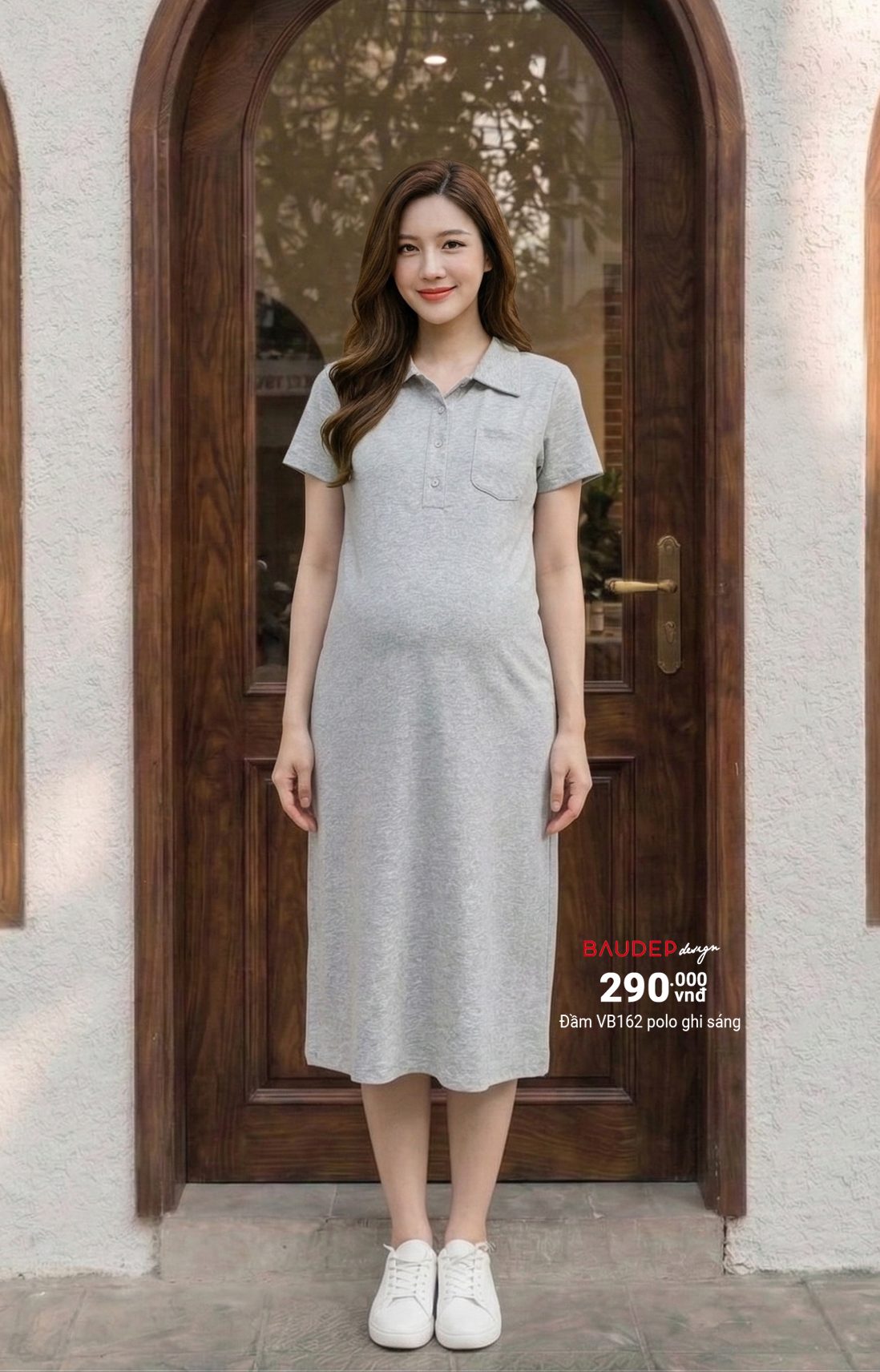 Đầm bầu VB162 cotton Polo ghi sáng