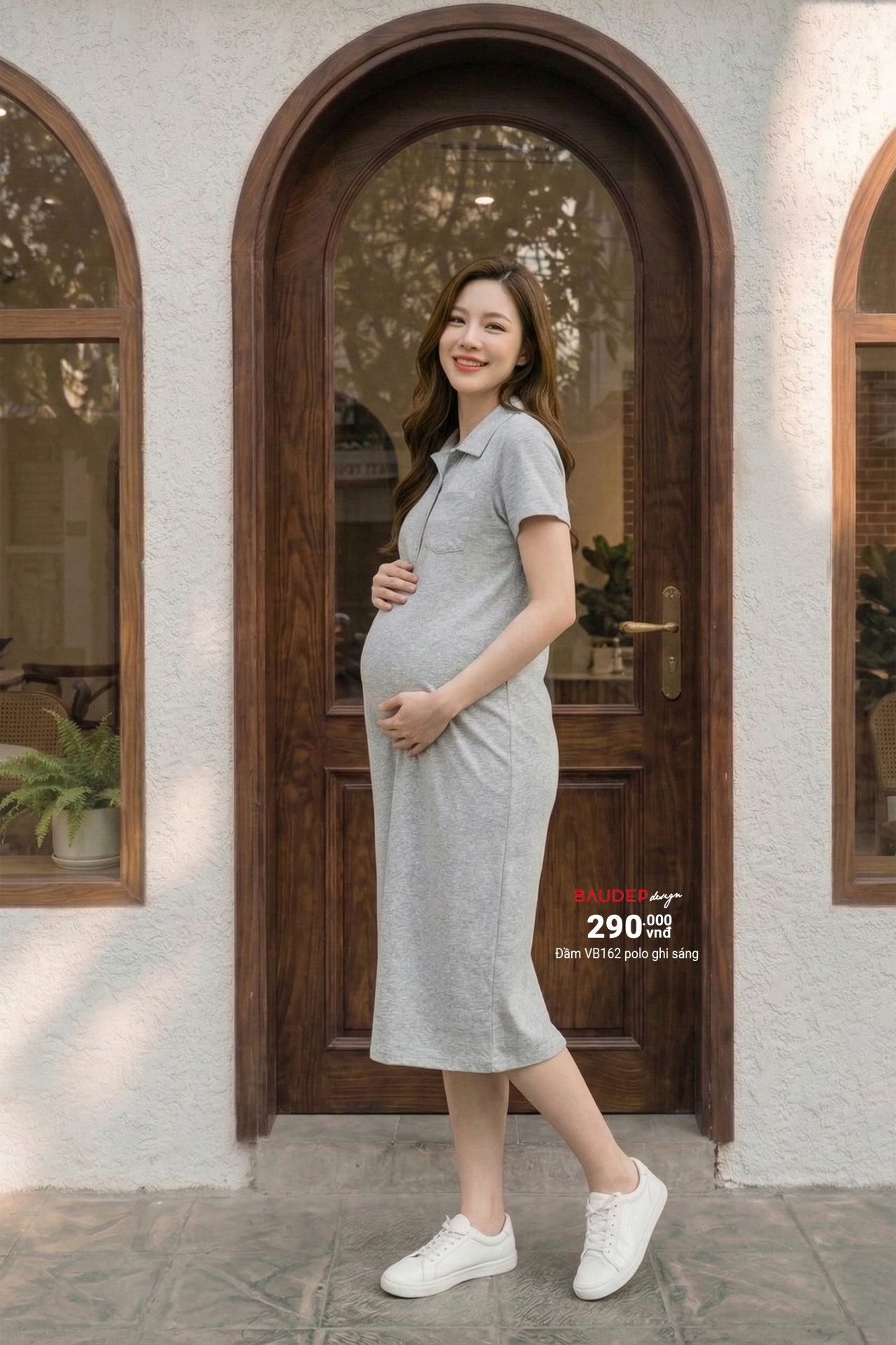 Đầm bầu VB162 cotton Polo ghi sáng