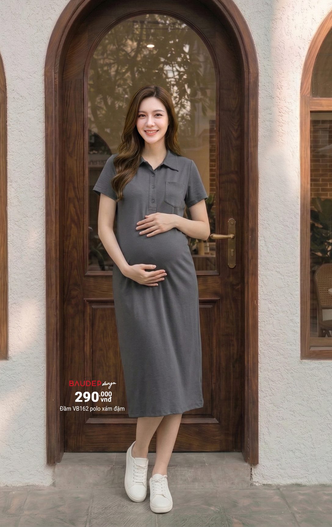 Đầm bầu VB162 cotton Polo ghi đậm