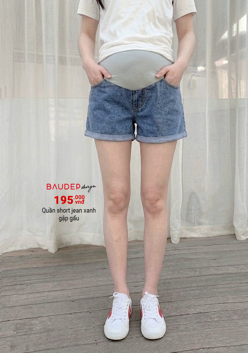 Quần short jean bầu màu xanh
