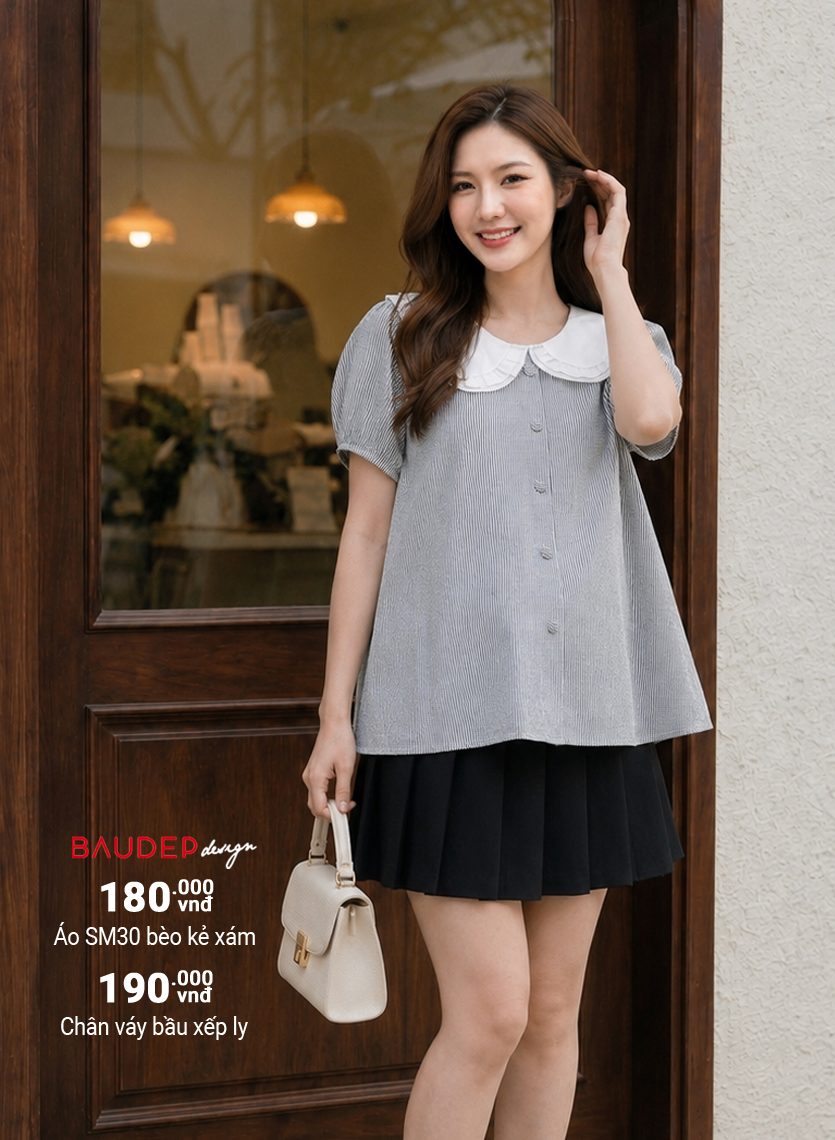 Áo bầu đẹp SM30 bèo kẻ xám