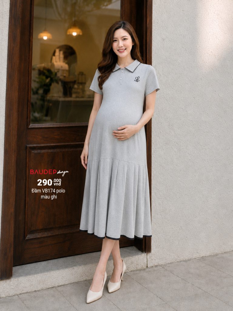 Đầm bầu cotton trẻ trung, váy bầu cotton trẻ, đầm bầu cotton polo, váy bàu năng động.