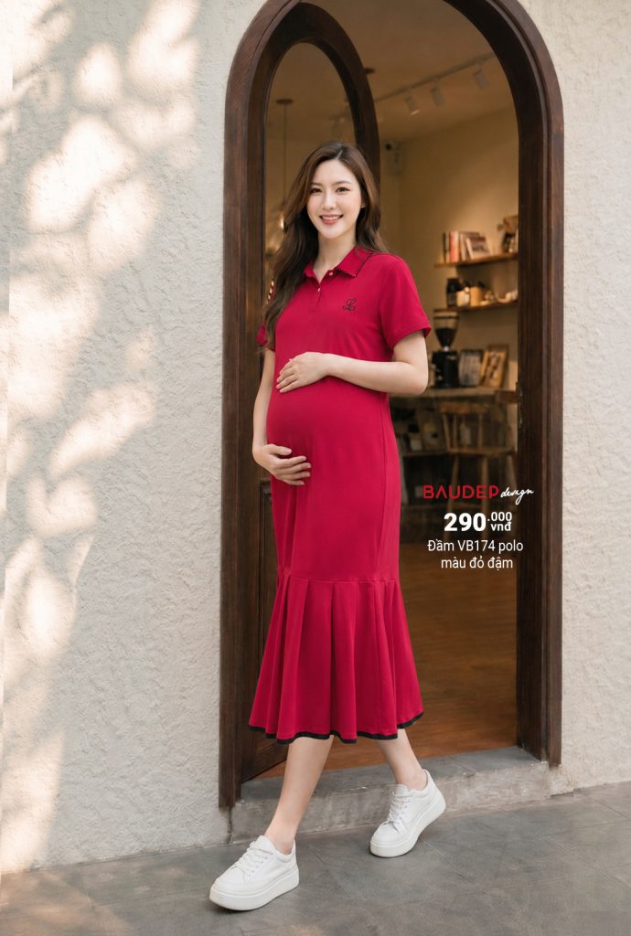 Đầm bàu cotton trẻ trung, váy bầu cotton trẻ, đầm bầu cotton polo, váy bàu năng động.