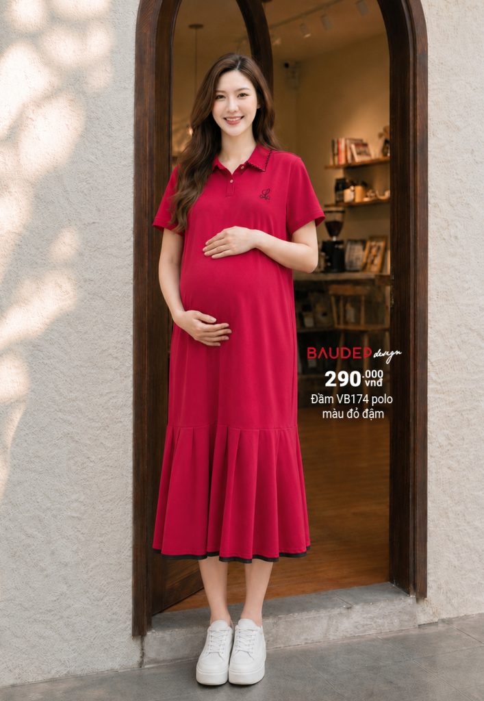 Đầm bàu cotton trẻ trung, váy bầu cotton trẻ, đầm bầu cotton polo, váy bàu năng động.