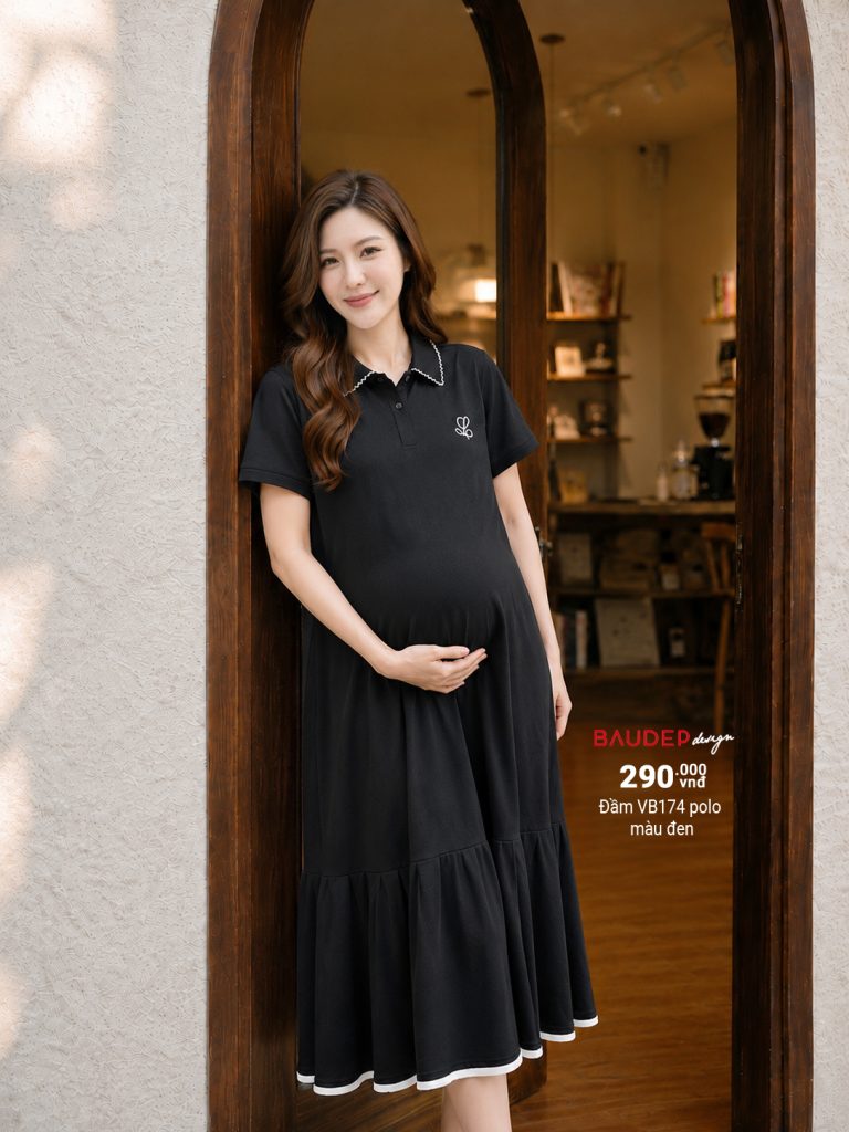 Đầm bàu cotton trẻ trung, váy bầu cotton trẻ, đầm bầu cotton polo, váy bàu năng động.