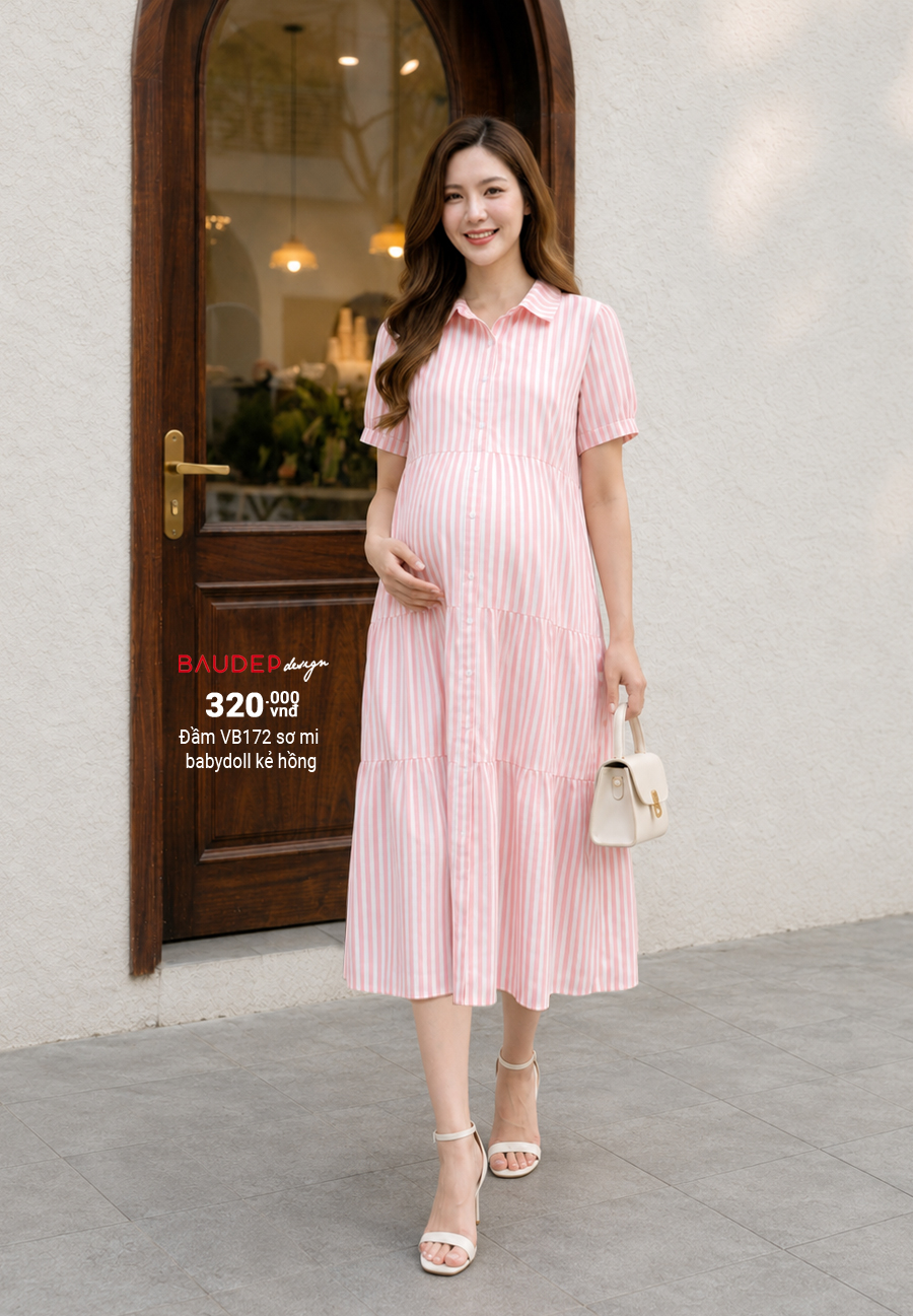 Đầm bầu sơ mi VB172 babydoll kẻ hồng