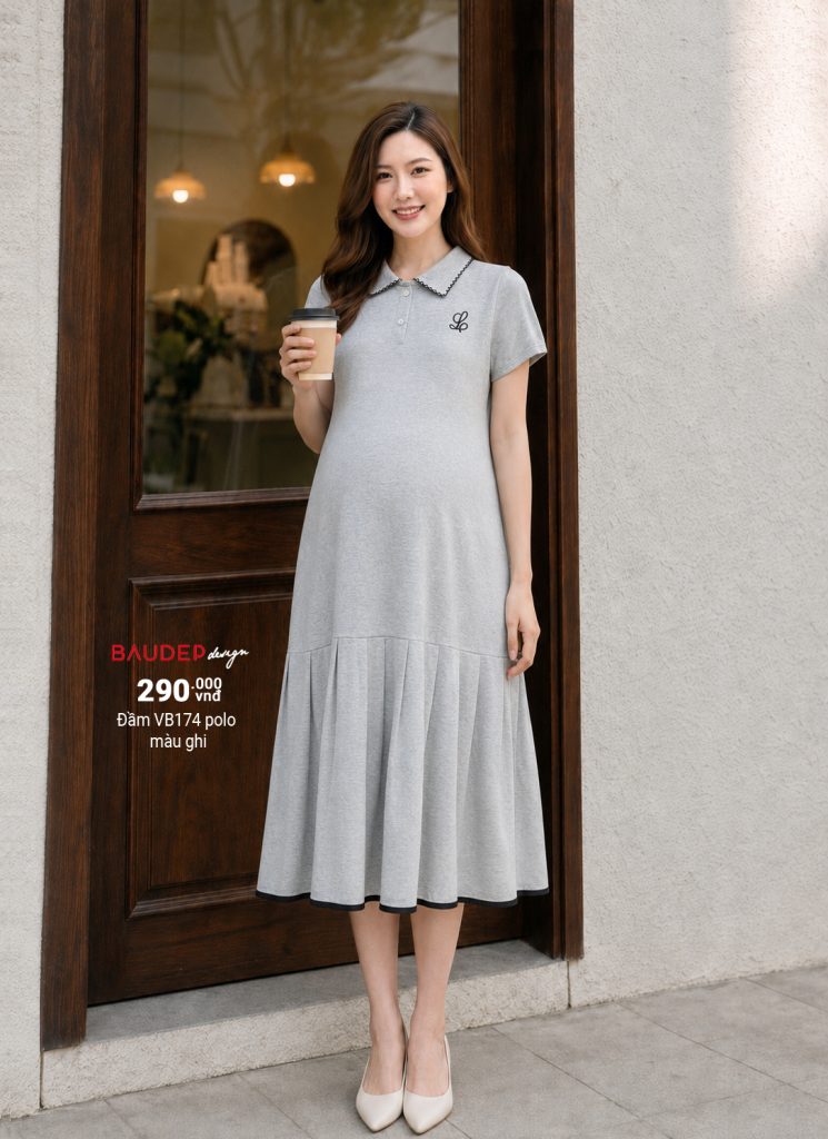 Đầm bầu cotton trẻ trung, váy bầu cotton trẻ, đầm bầu cotton polo, váy bàu năng động.