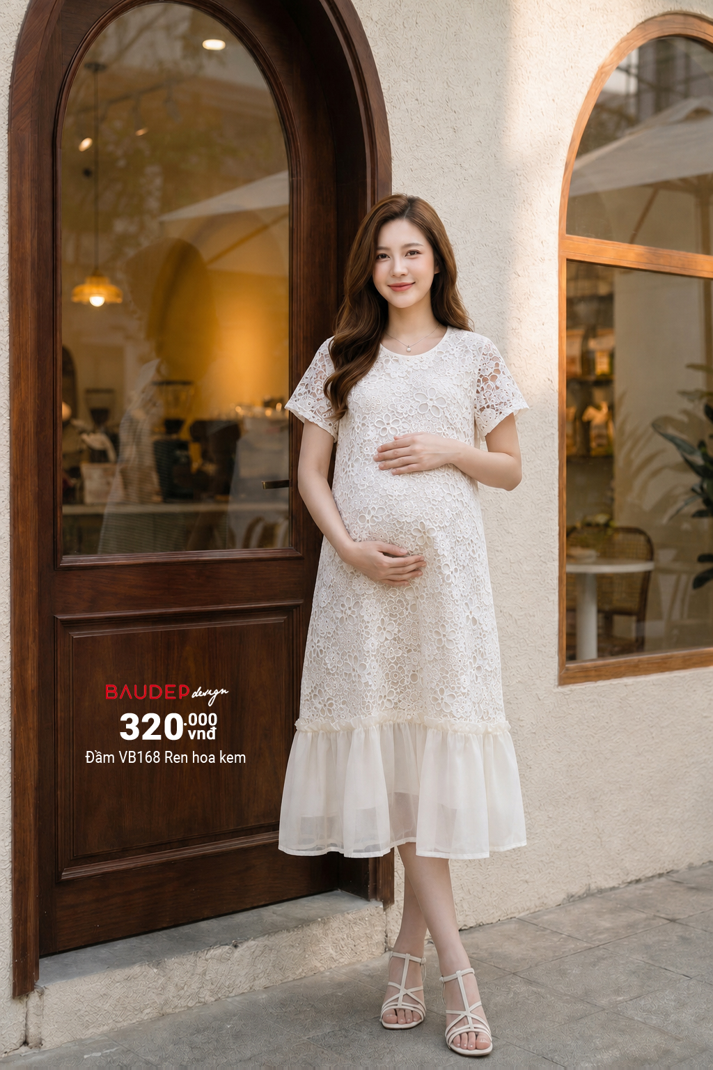 Đầm bầu VB168 Trắng ren hoa