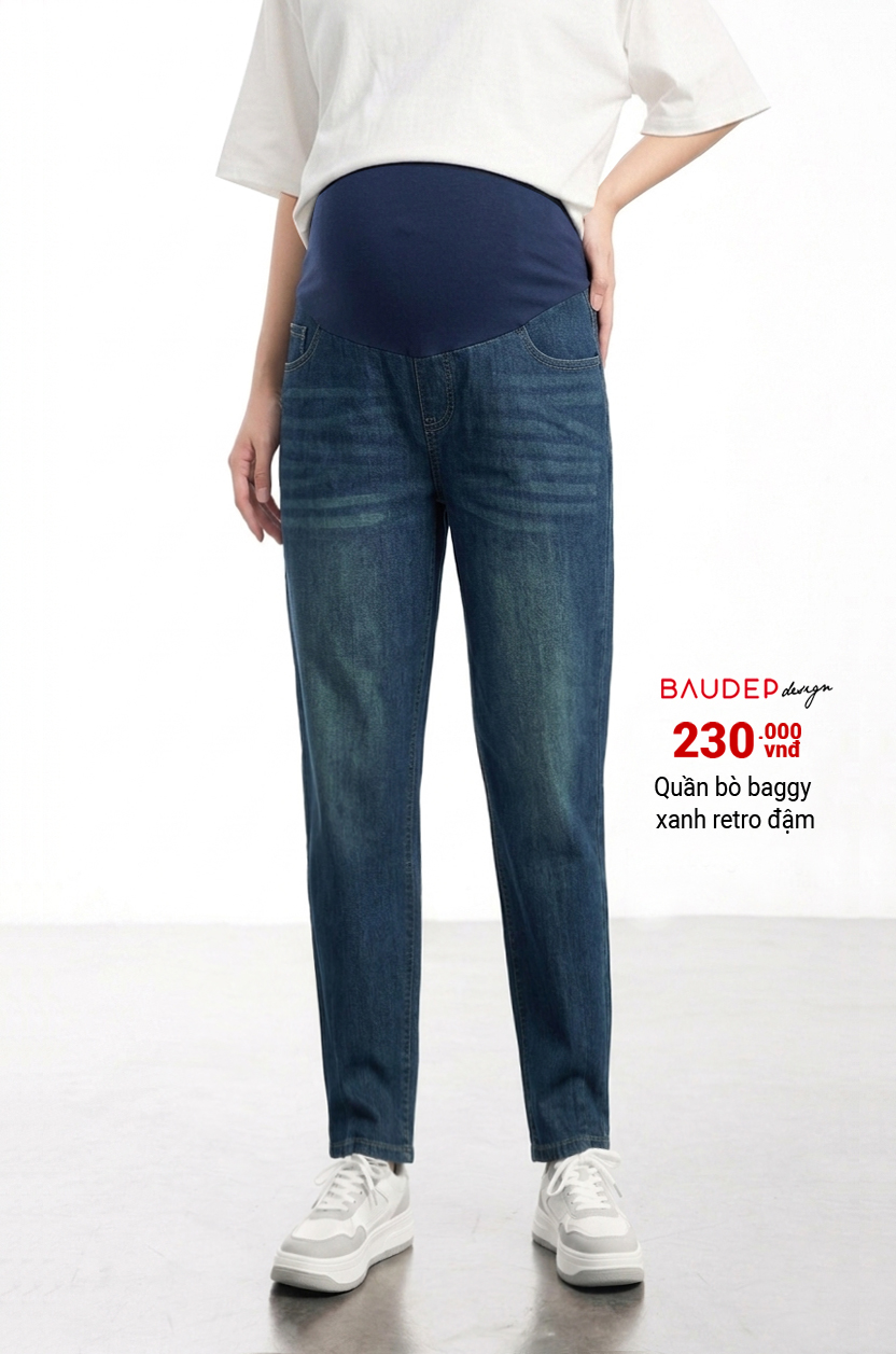Quần jean bầu baggy màu xanh đậm retro