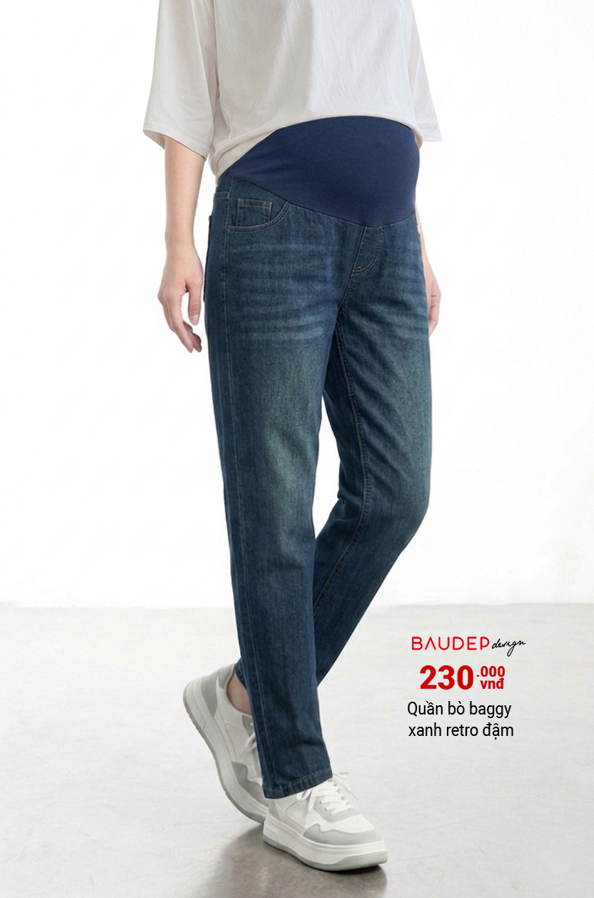 Quần jean bầu baggy màu xanh đậm retro