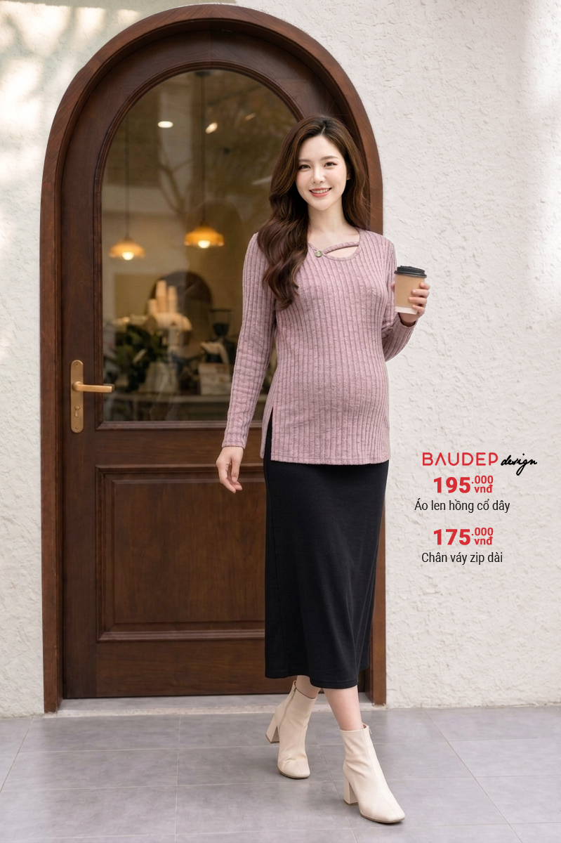 Áo len bầu cổ dây màu hồng đỗ