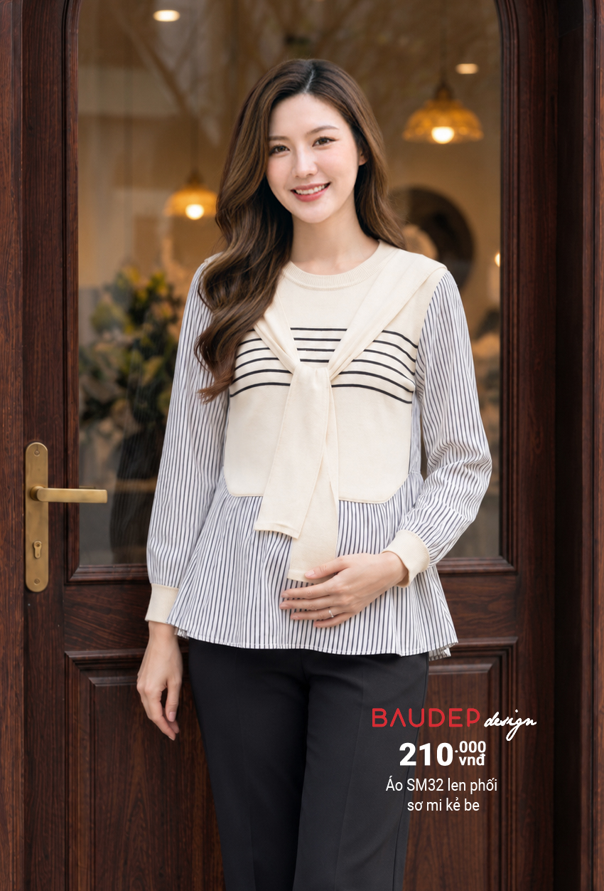Áo SM32 len phối sơ mi kẻ be