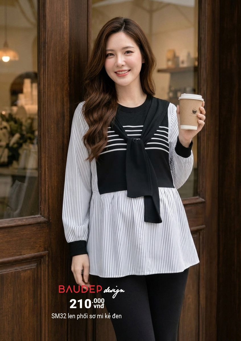 Áo SM32 len phối sơ mi kẻ đen