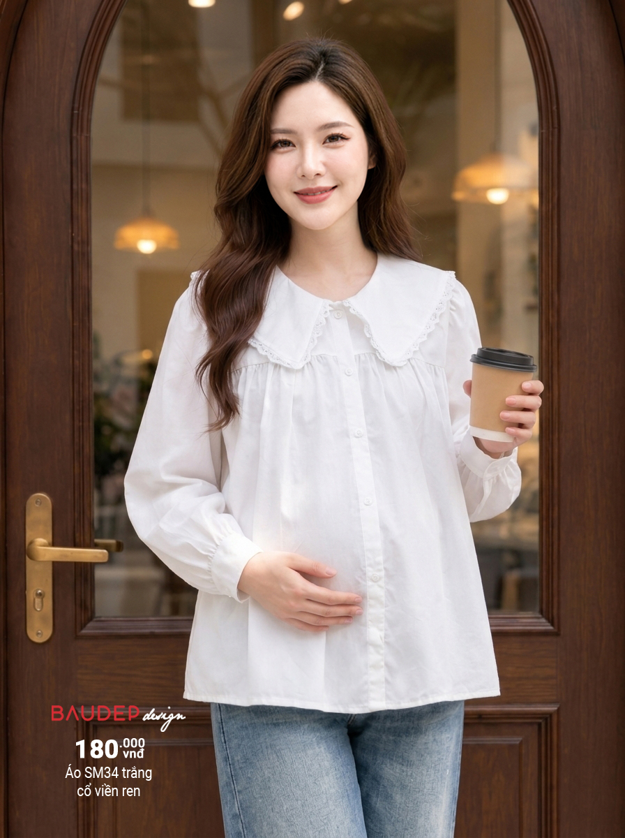 Áo bầu SM34 trắng cổ viền ren