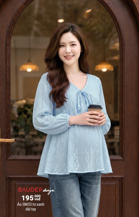 Áo bầu SM33 tơ xanh dài tay
