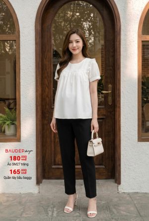 Áo bầu công sở trắng, áo bầu đẹp, áo bầu suông, áo sơ mi bầu,