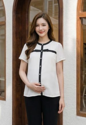 Áo bầu công sở trắng, áo bầu đẹp, áo bầu suông, áo sơ mi bầu,