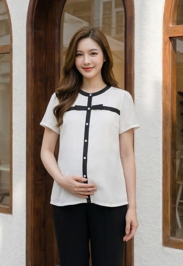 Áo bầu công sở trắng, áo bầu đẹp, áo bầu suông, áo sơ mi bầu,
